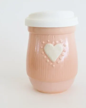 pink travel mug with heart