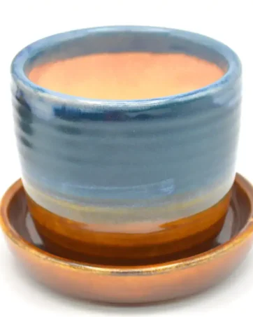 Colorful Ceramic Plant Pot with Drainage Saucer - Teal and Brown