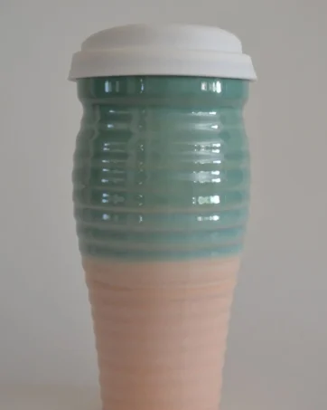 Handcrafted Ribbed Ceramic Travel Mug 24 oz - Pink and Green