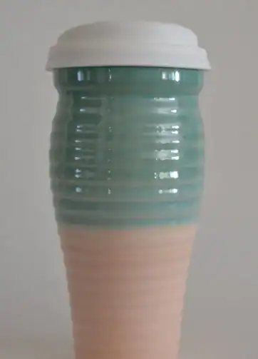 Handcrafted Ribbed Ceramic Travel Mug 24 oz - Pink and Green