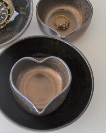 Bronze Pottery Bowl and Heart Set, Nesting Bowl Set, Ring Dish Anniversary Gift