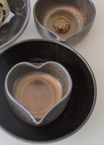 Bronze Pottery Bowl and Heart Set, Nesting Bowl Set, Ring Dish Anniversary Gift