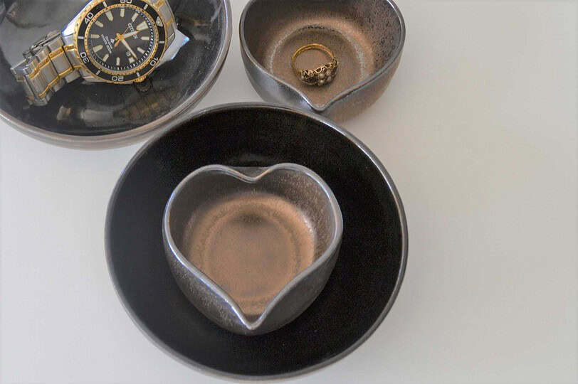 Bronze Pottery Bowl and Heart Set, Nesting Bowl Set, Ring Dish Anniversary Gift