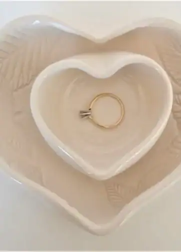 White and Gold Personalized Nesting Heart Ring Dish Set - Plain