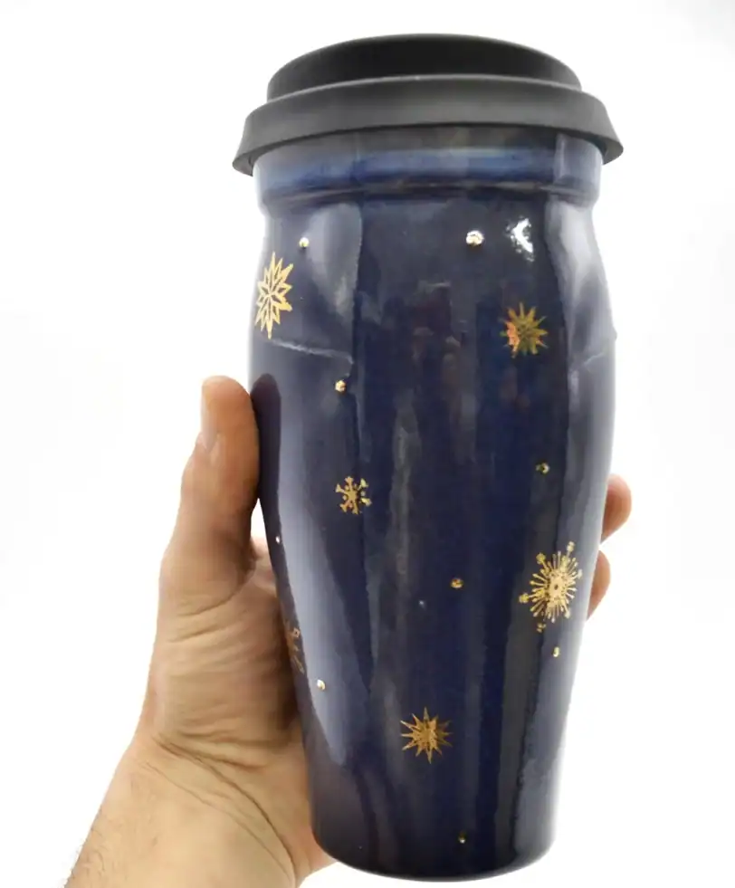 Large 24 Oz Blue Travel Mug with Gold Snowflakes - Image 2