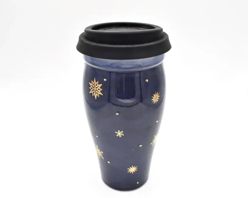 Large 24 Oz Blue Travel Mug with Gold Snowflakes - Image 3