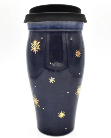 Large 24 Oz Blue Travel Mug with Gold Snowflakes