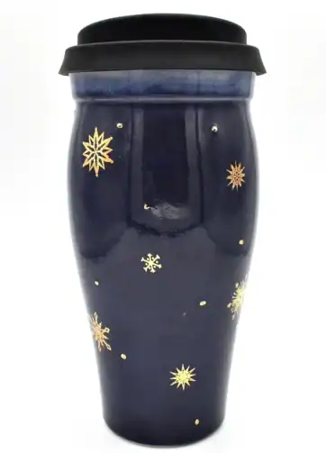 Large 24 Oz Blue Travel Mug with Gold Snowflakes