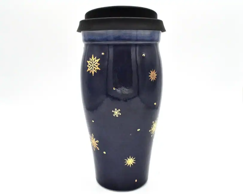 Large 24 Oz Blue Travel Mug with Gold Snowflakes