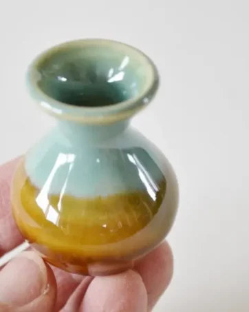 Brown Green Miniature Vase, Hand-Thrown Miniature Pottery, 1 1/2" tall