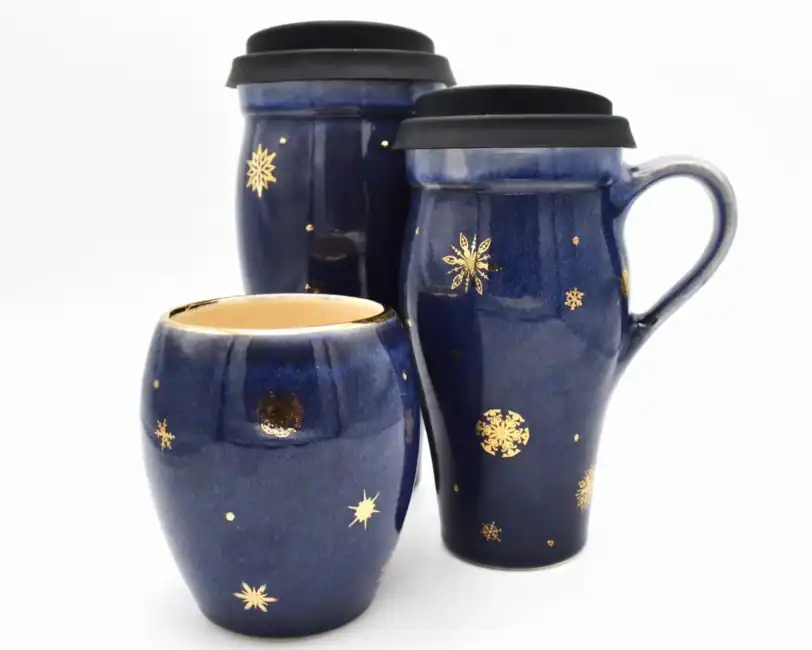 Large 24 Oz Blue Travel Mug with Gold Snowflakes - Image 5