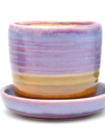 Colorful Ceramic Plant Pot with Drainage Saucer - Purple and Brown