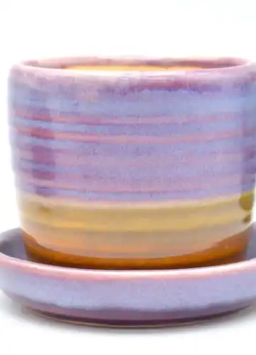 Colorful Ceramic Plant Pot with Drainage Saucer - Purple and Brown