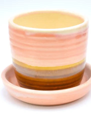 Colorful Ceramic Plant Pot with Drainage Saucer - Pink and Brown