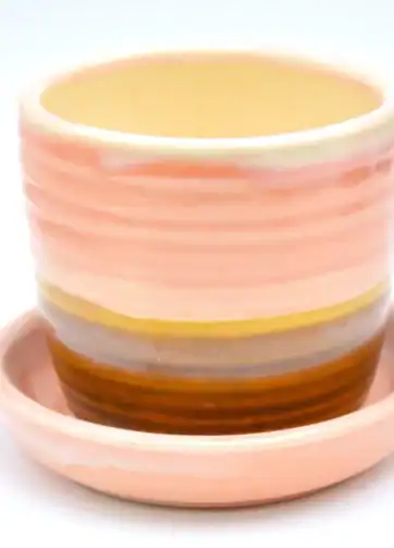 Colorful Ceramic Plant Pot with Drainage Saucer - Pink and Brown