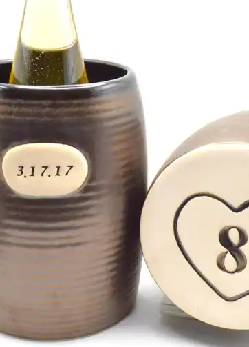 Front Engraved Bronze Pottery Wine Chiller, Personalized Wedding Anniversary Gift