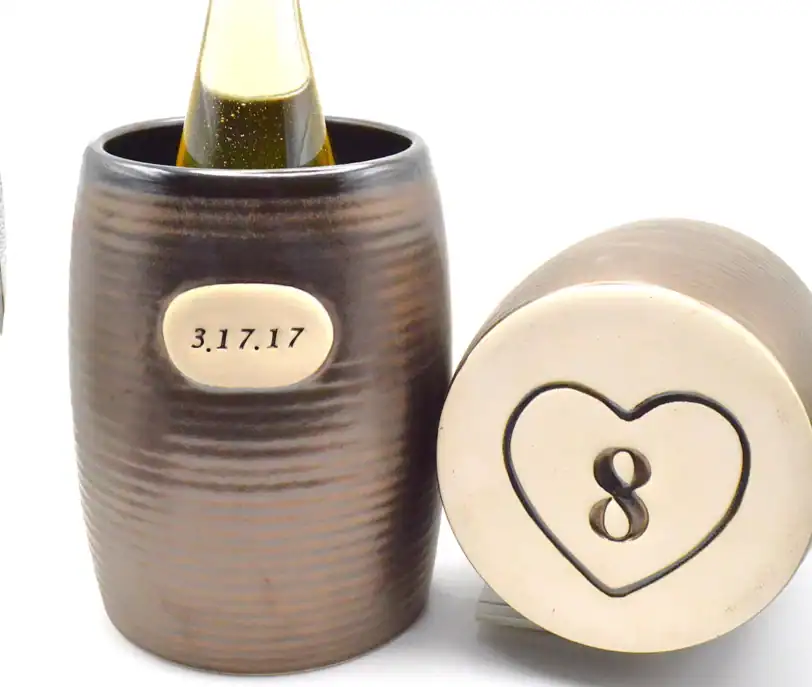 Front Engraved Bronze Pottery Wine Chiller, Personalized Wedding Anniversary Gift