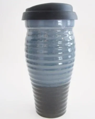 Handcrafted Ribbed Ceramic Travel Mug 24 oz - Blue and Black
