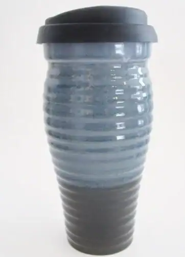 Handcrafted Ribbed Ceramic Travel Mug 24 oz - Blue and Black