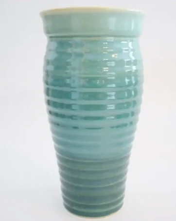 Handcrafted Ribbed Ceramic Travel Mug 24 oz - Glassy Green