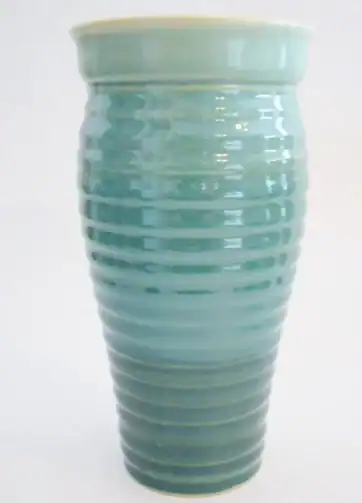 Handcrafted Ribbed Ceramic Travel Mug 24 oz - Glassy Green