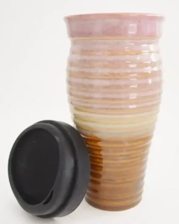 Handcrafted Ribbed Ceramic Travel Mug 24 oz - Brown and Maroon